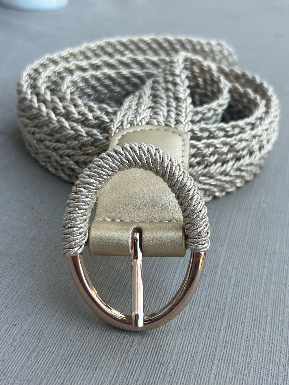 Woven Metallic Beige Women’s Belt with Gold Buckle